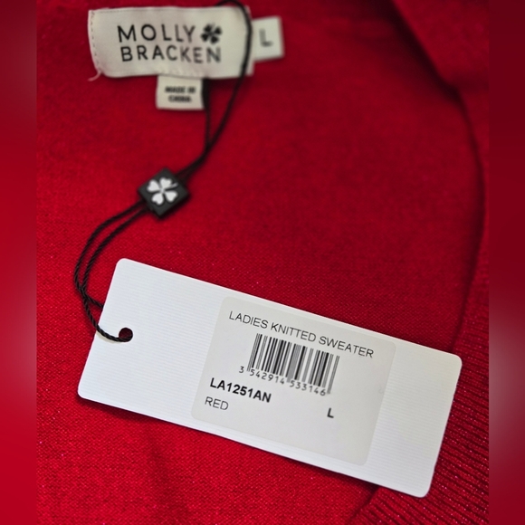 MOLLY BRACKEN NWT Red Sparkle V-Neck Sweater with Ruffle Shoulders. Size Large - Picture 8 of 13